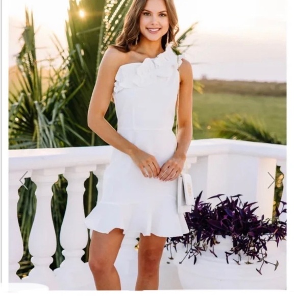 Women’s white one shoulder mini dress with ruffle, NWT - Picture 1 of 11